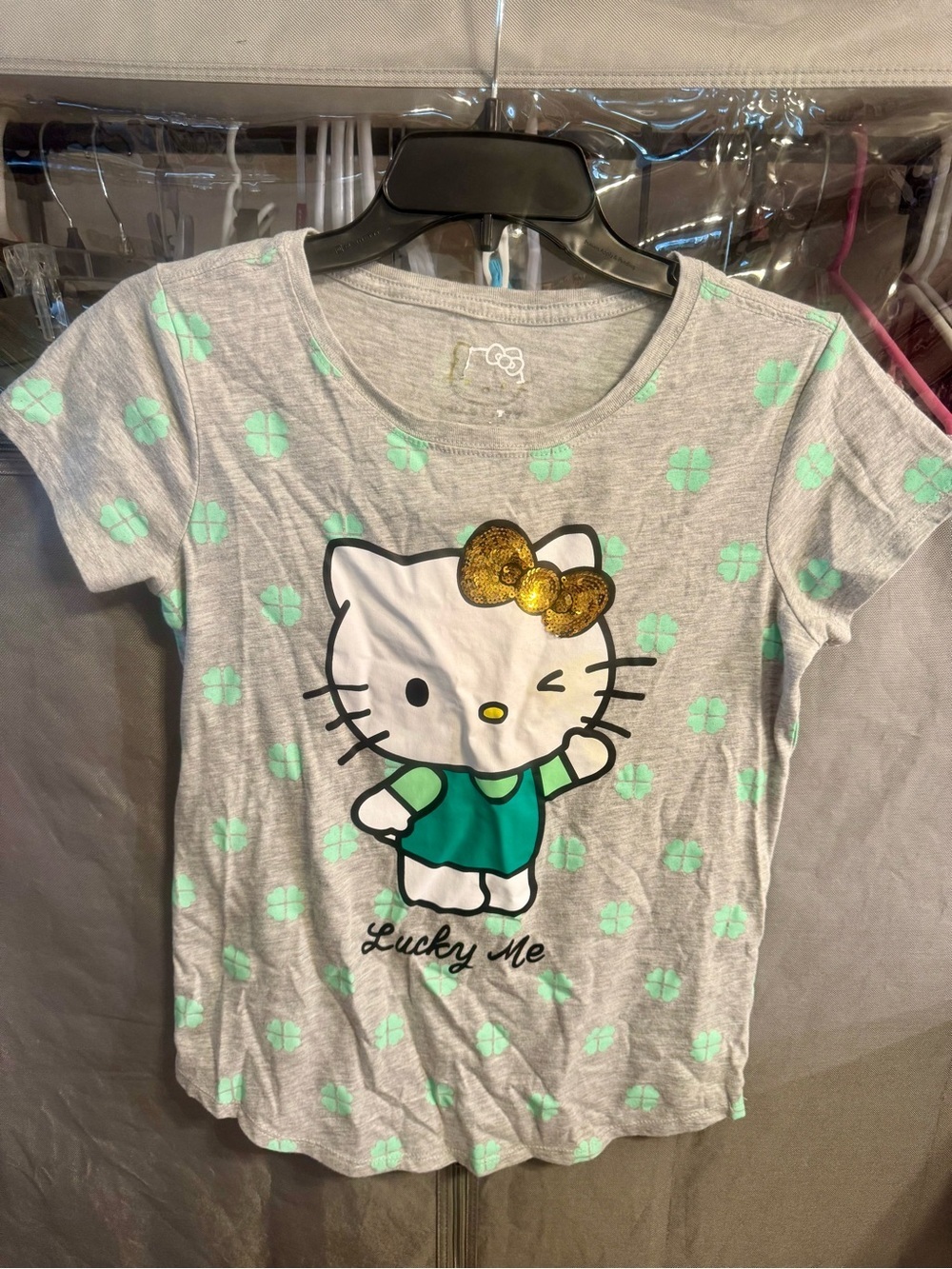 Sanrio Hello Kitty Gray Tee with Mint Clover Print and Gold Bow